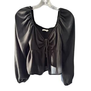 Abercrombie & Fitch Smocked Tie Front Blouse Womens Small Black Puff Sleeve